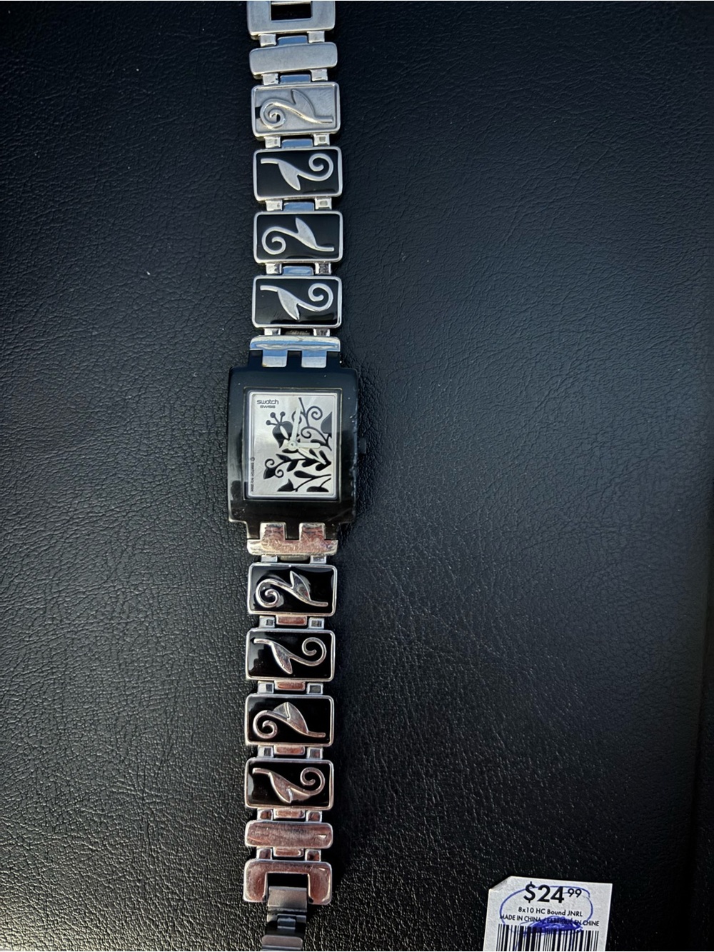 Swatch Black and Silver Floral Link Bracelet Watch